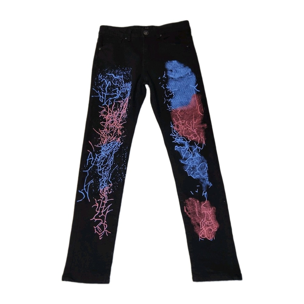 Waimea Boys Size 14 Black Skinny Jeans Paint Splatter Graphic Streetwear 28x27